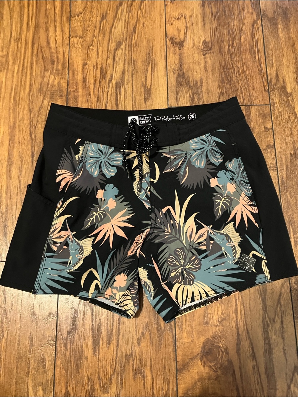 Salty Crew Black Board Shorts with Teal & Peach Floral Print